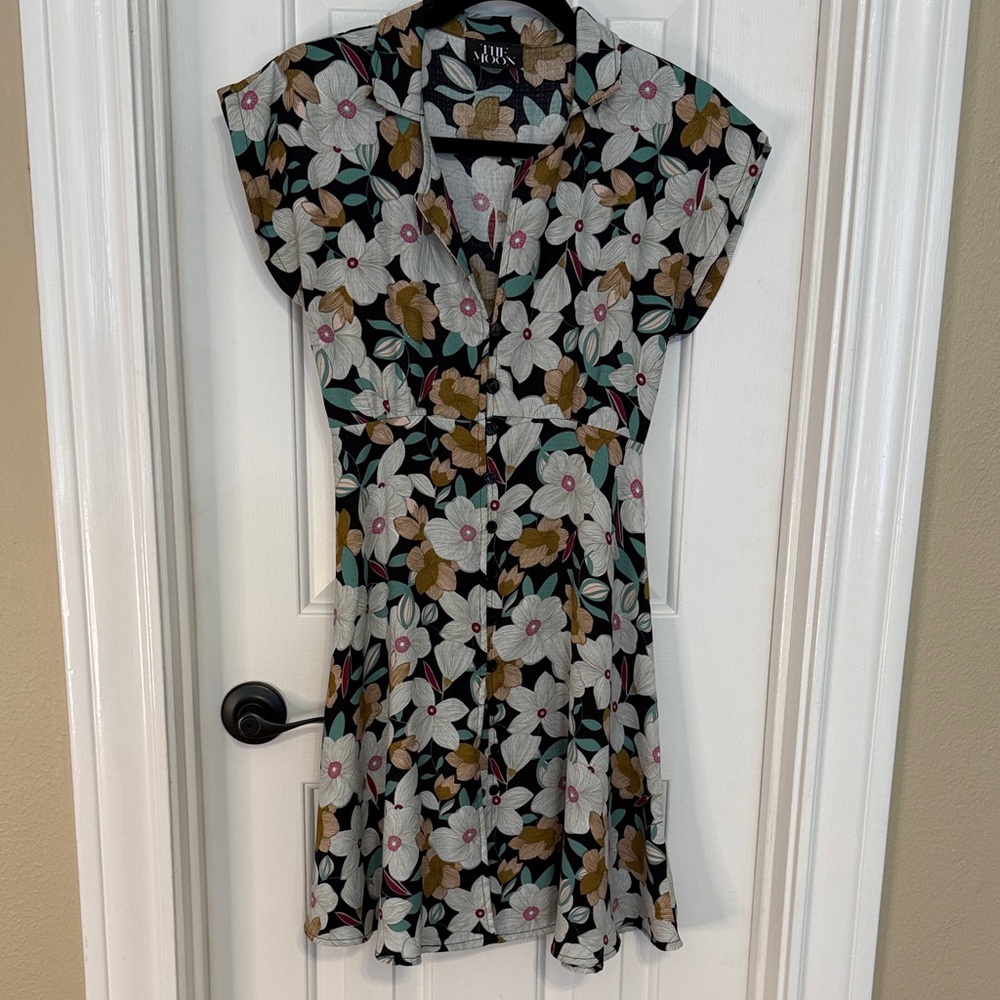 The Moon Floral Midi Dress in Black, Cream, Pink, and Green